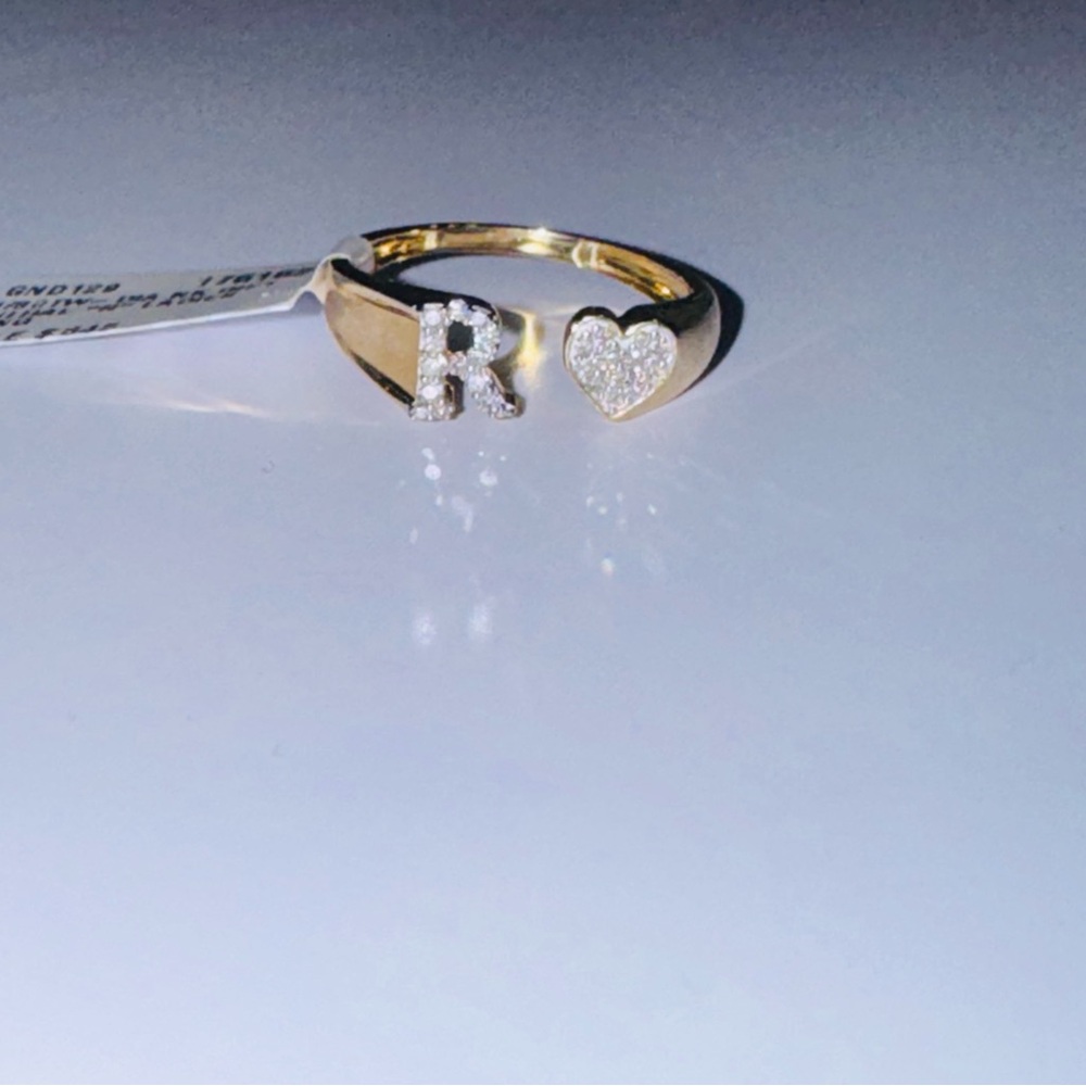10k Solid Gold, Real Diamond R initial heart ring, Gift for her, Engagement Ring